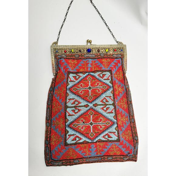Antique Art Nouveau Edwardian French Cut Steel Hand Beaded Purse w/Jeweled Clasp - Picture 2 of 12